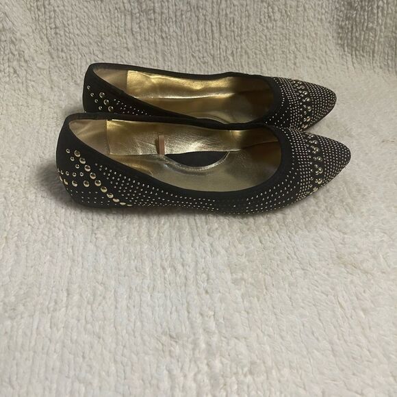 Lane Bryant synthetic Black suede Slip on Flats  gold tone studded accents SZ11W - Picture 2 of 9